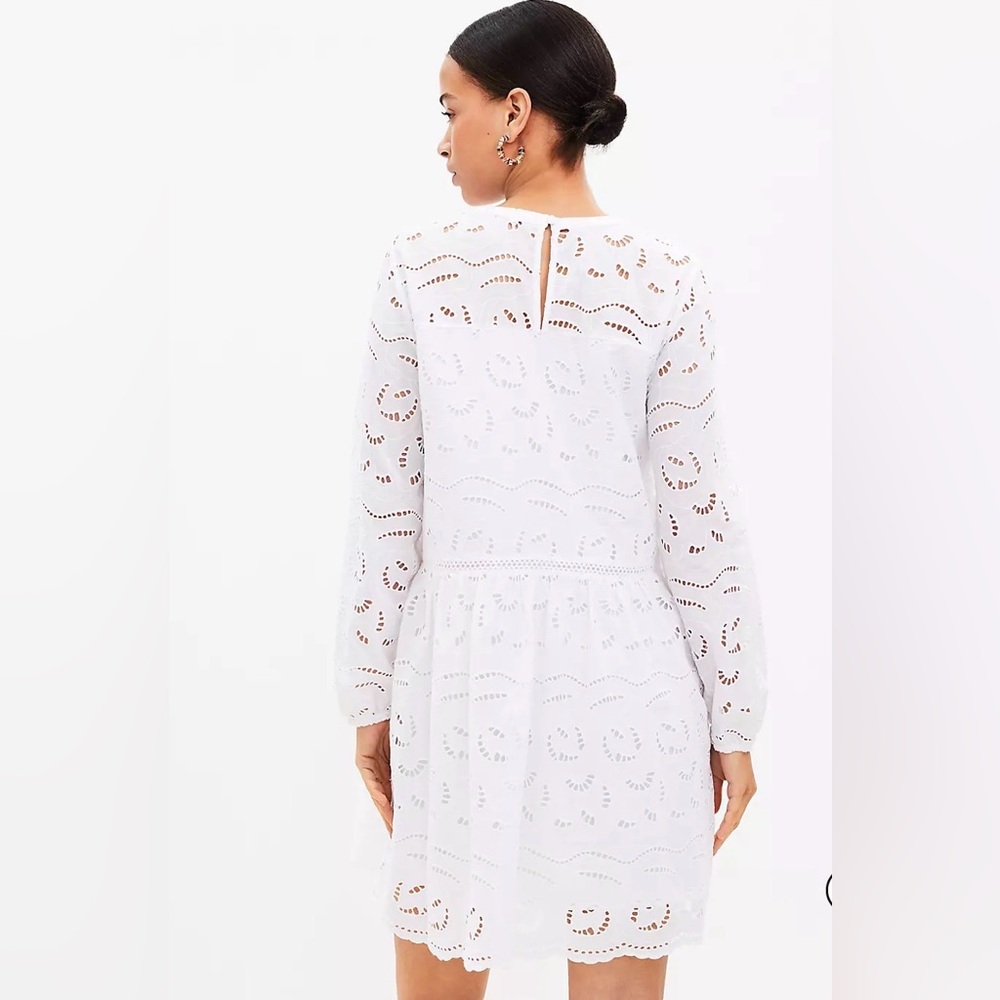 Loft White Eyelet bridal Lace Mini Dress Boho Cottagecore Scallop Hem Large Tall - Picture 2 of 15